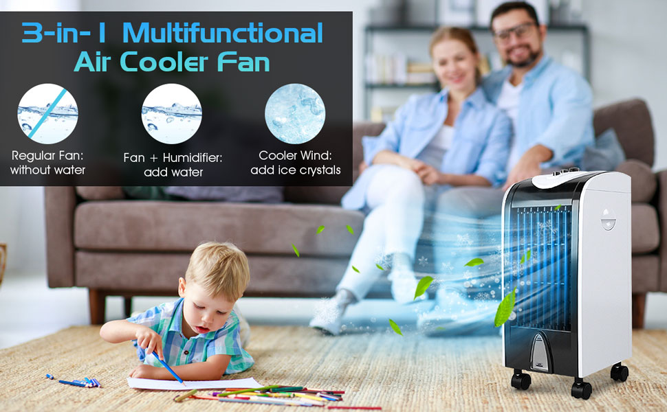 3-in-1 Indoor Portable Evaporative Air Cooler Humidifier with 3 Wind Modes and Speeds