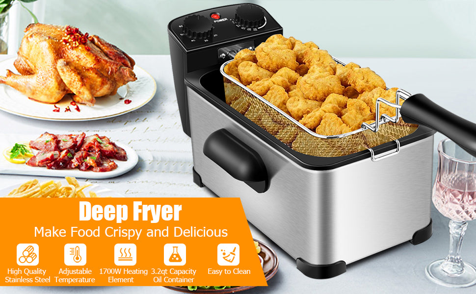 3.2Qt Stainless Steel Electric Oil Fryer Deep Fryer Pot with Fry Basket and Timer
