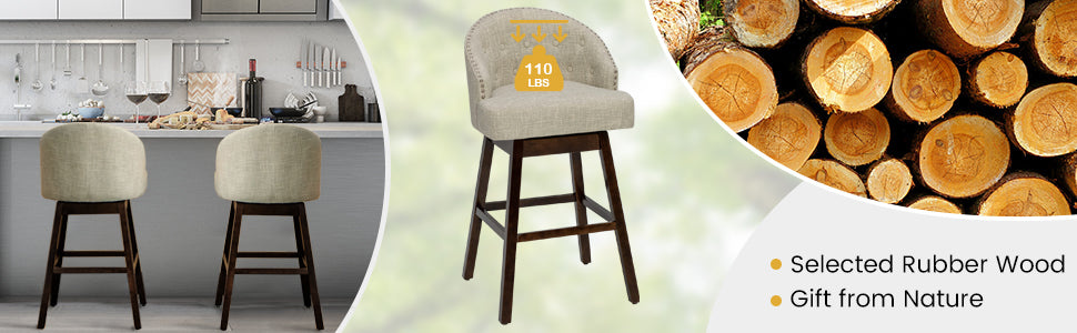 31 Inch Swivel Bar Stools Set of 2 Counter Height Bar Chairs with Adjustable Foot Pads and Sponge Padded Cushion