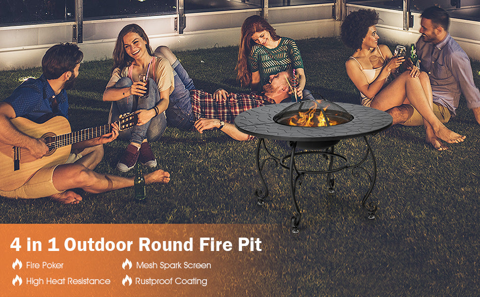 35.5" Multifunctional Outdoor Portable Fire Pit Dining Table with BBQ Grill & Log Grate, Patio Garden Fireplace for Backyard Camping Picnic