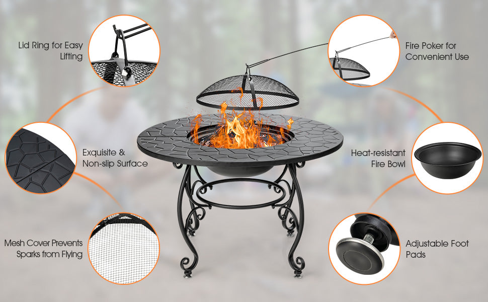 35.5" Multifunctional Outdoor Portable Fire Pit Dining Table with BBQ Grill & Log Grate, Patio Garden Fireplace for Backyard Camping Picnic