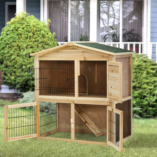 35 Inch Wooden Chicken Coop Large Bunny Rabbit Cage with Ramp