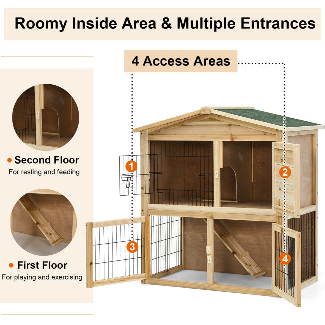 35 Inch Wooden Chicken Coop Large Bunny Rabbit Cage with Ramp