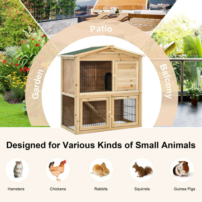 35 Inch Wooden Chicken Coop Large Bunny Rabbit Cage with Ramp