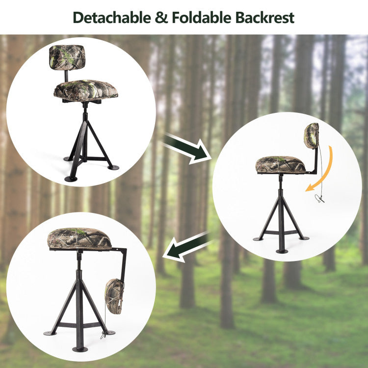 360° Swivel Camo Hunting Chair Multi-Position Height Adjustable Tripod Blind Stool with Detachable Backrest and Comfy Padding