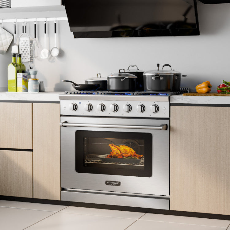 36 Inches Freestanding Natural Gas Range Stainless Steel Dual Fuels Range with 6 Burners Cooktop and Storage Drawer