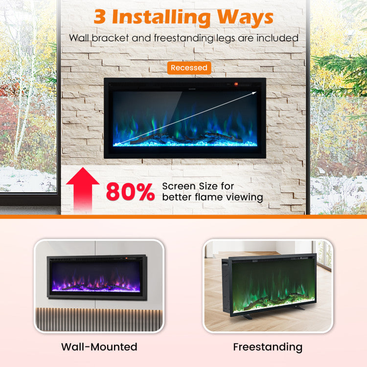 36'' Wall Mounted Electric Fireplace Freestanding Recessed Ultra-Thin Fireplace Heater with Remote Control and Timer