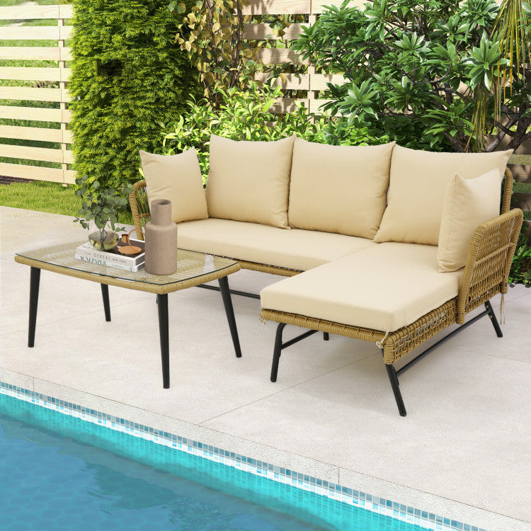 3 Pieces L-shaped Rattan Sofa Set Patio Furniture Loveseat