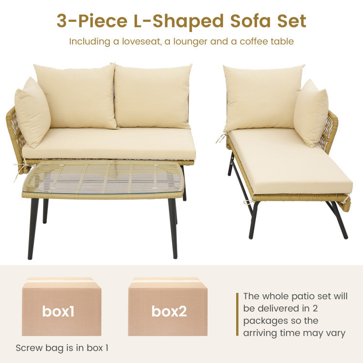 3 Pieces L-shaped Rattan Sofa Set Patio Furniture Loveseat
