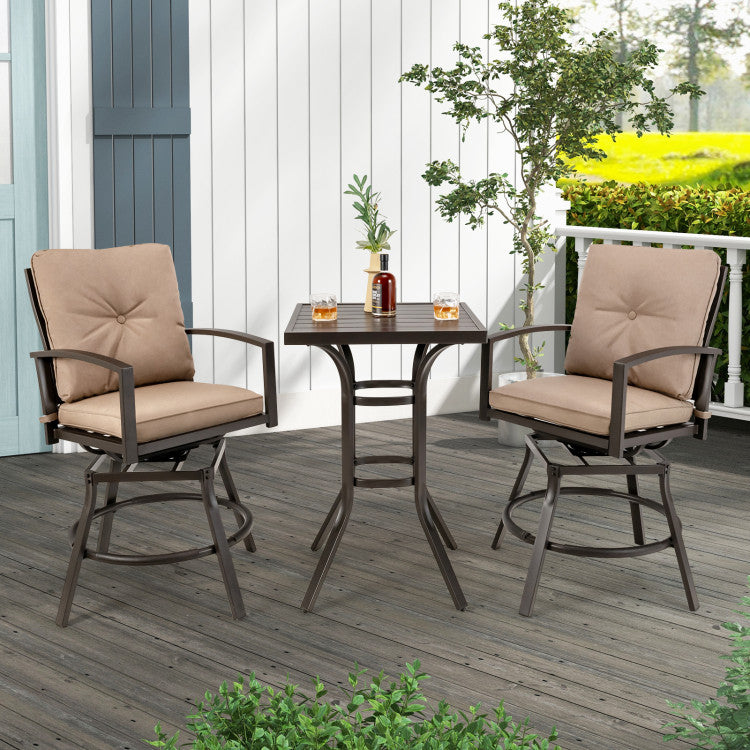 3 Pieces Outdoor 360° Swivel Bar Table Set Patio Bistro Set with Removable Cushions 