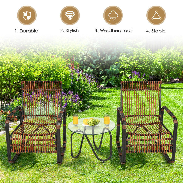 3 Pieces Outdoor Rattan Furniture Set Patio Conversation Set with Tempered Glass Table