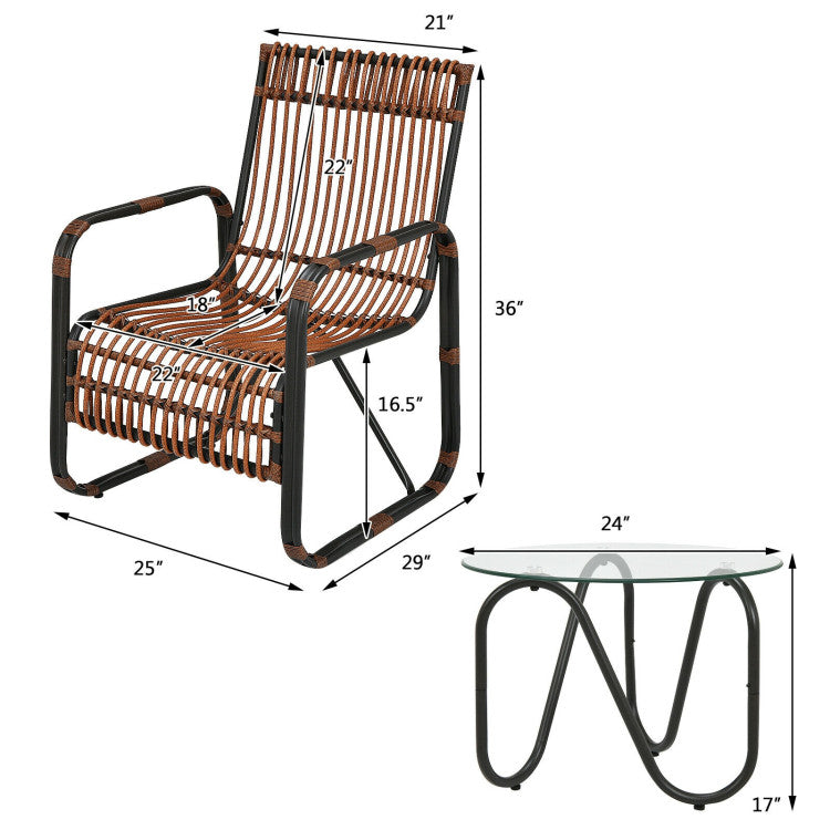 3 Pieces Outdoor Rattan Furniture Set Patio Conversation Set with Tempered Glass Table