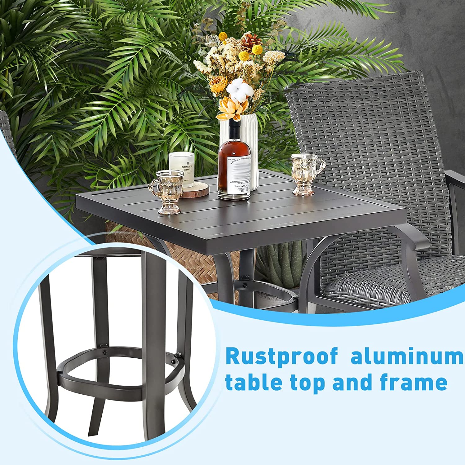 3 Pieces Rattan Swivel Bar Set Aluminum Bar Height Furniture Set Patio High Bistro Sets with Cushion and Bar Table