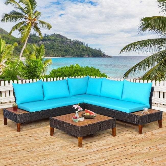 4 Pieces Outdoor Patio Rattan Wicker Furniture Set with Cushion & Side Table