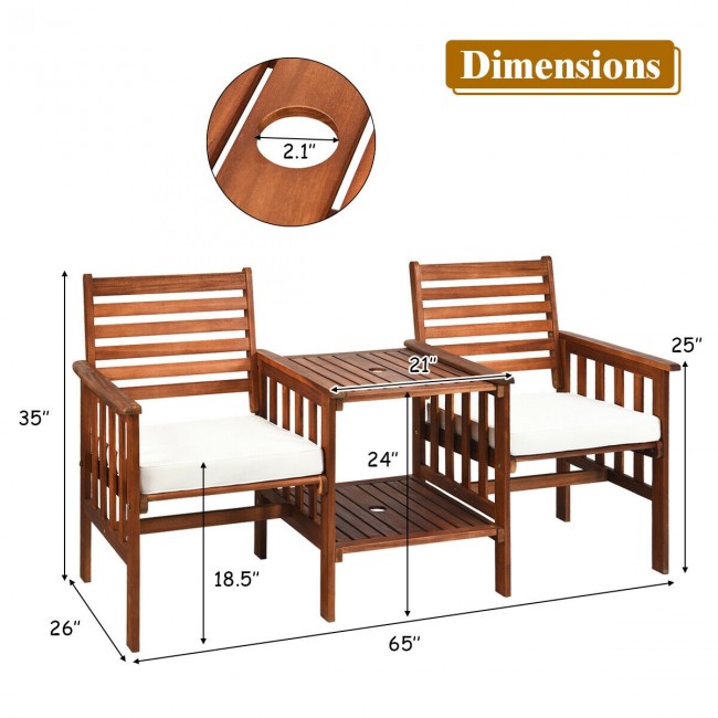 3 Pieces Outdoor Acacia Wood Table Chairs Set Patio Loveseat Conversation Set with Cushions and Umbrella Hole