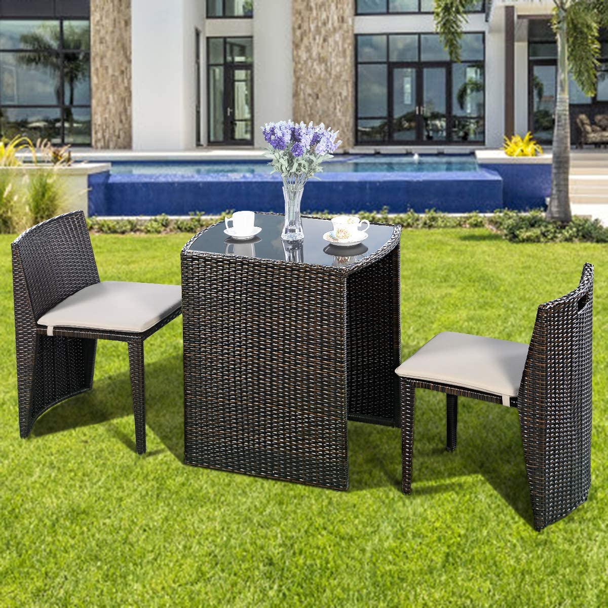 3 Pieces Outdoor Wicker Conversation Bistro Set Patio Dining sets with Cushion
