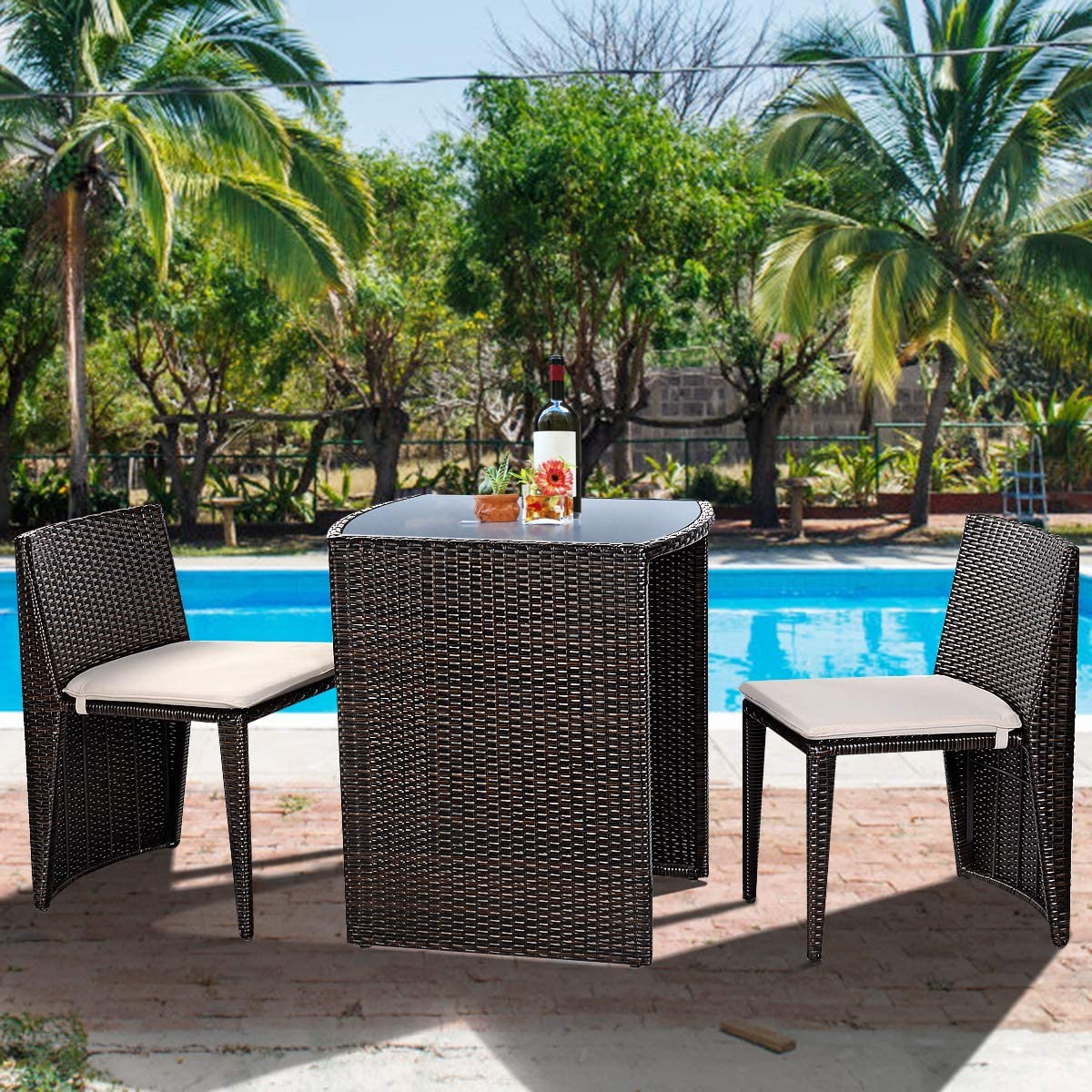 3 Pieces Outdoor Wicker Conversation Bistro Set Patio Dining sets with Cushion