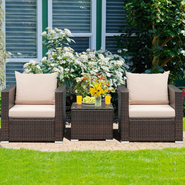 3 Pieces Outdoor Wicker Furniture Set Patio Rattan Conversation Sofa Set with Cushion and Tempered Glass Table