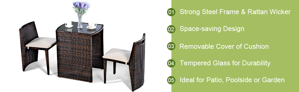 3 Pieces Outdoor Wicker Conversation Bistro Set Patio Dining sets with Cushion