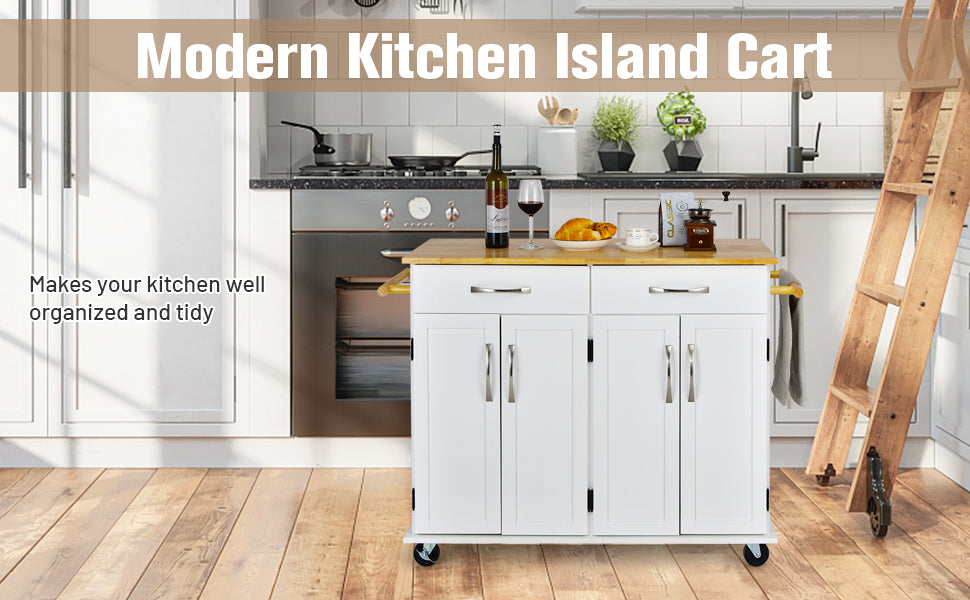 Rolling Kitchen Island Large Storage Cabinet Buffet Cart with Adjustable Shelves and Drawers