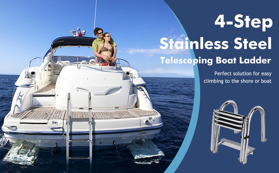 4-Step Stainless Steel Boat Ladder Folding Telescoping Pontoon Rear Ladder with Pedal Handrail for Yacht Boat Dock