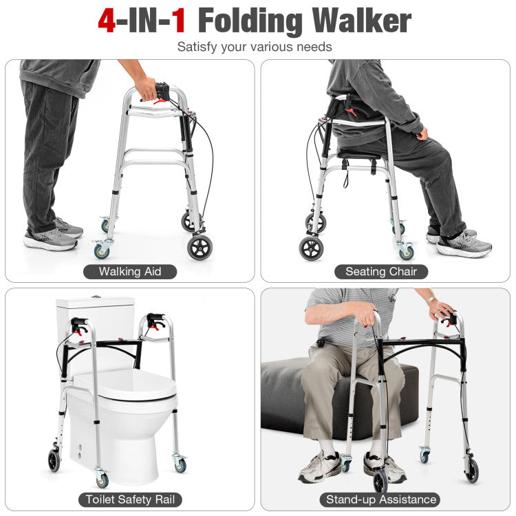 4-in-1 Folding Rolling Walker Height Adjustable Stand-Up Walkers Medical Walking Mobility Aid