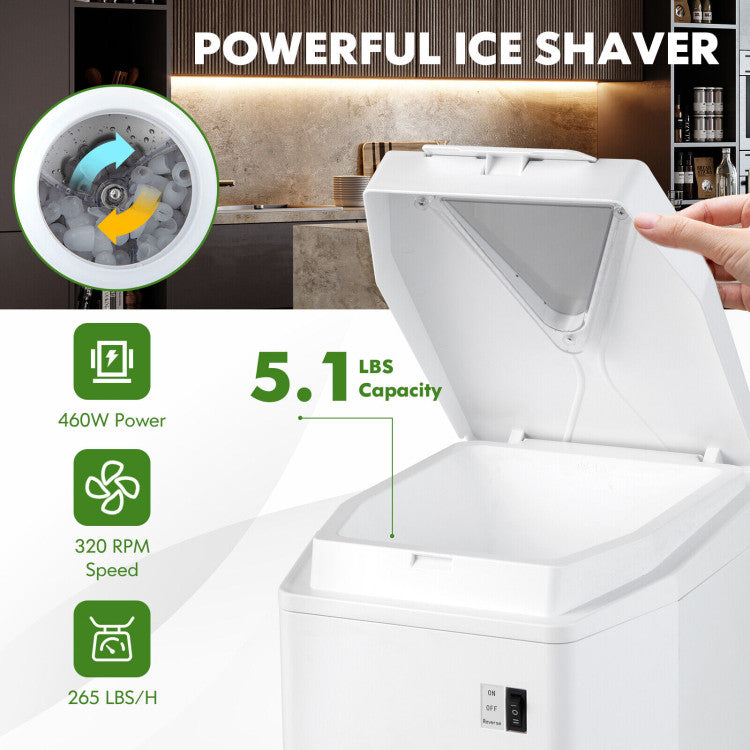 460W Electric Countertop Ice Crusher 265 Lbs H Snow Cone Maker Shaved Ice Hopper Machine with Adjustable Ice Fineness and Removable Tray