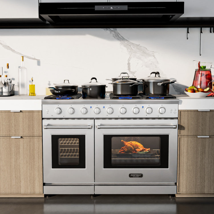 48 Inch All Gas Double Oven Freestanding Natural Gas Range with Stainless Steel Cast Iron Grates and Storage Drawer