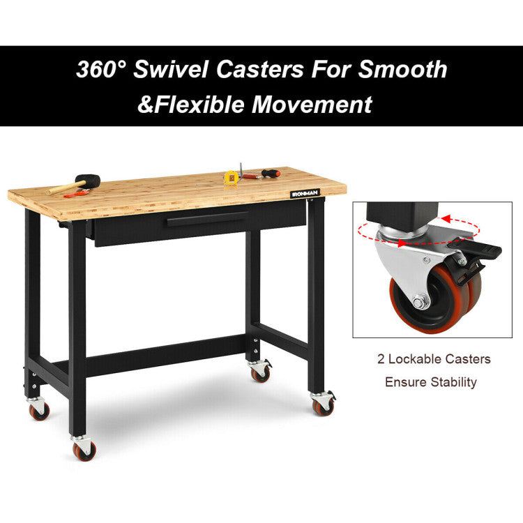 48 Inch Moveable Workbench 500 lbs Bamboo Tabletop Worktable with 360 Rotating Casters and Sliding Organizer Drawer