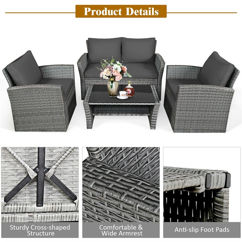 4 Pieces Patio Wicker Furniture Set Outdoor Rattan Conversation Sectional Sofa Set with Tempered Glass Table and Storage Shelf