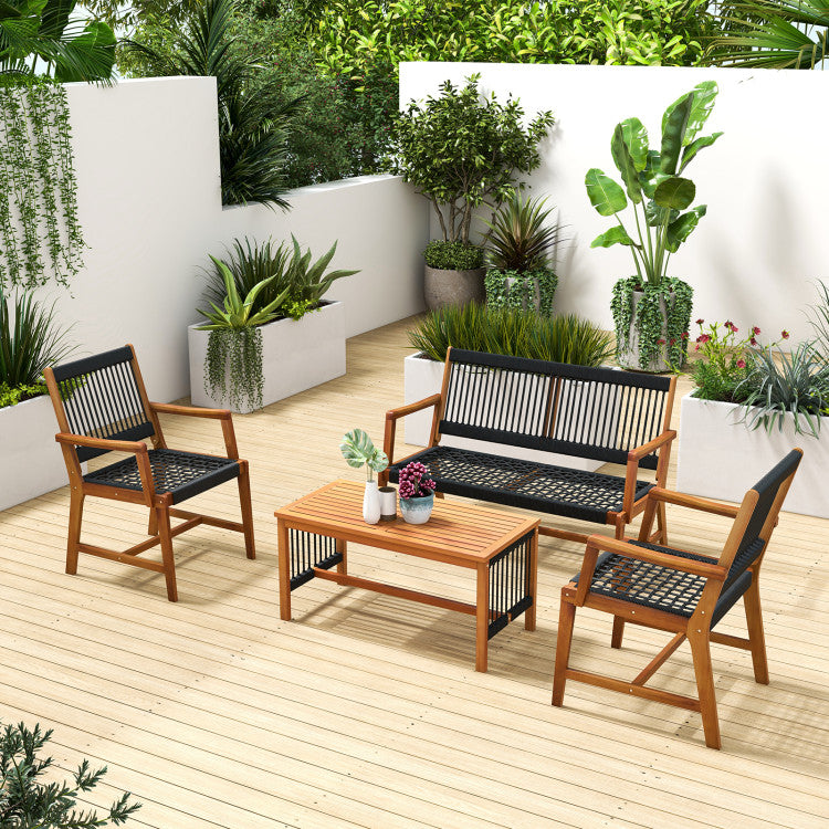 4 Pieces Outdoor Acacia Wood Furniture Set Patio Loveseat Conversation Set