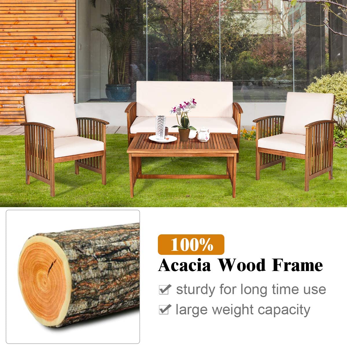 4 Pcs Outdoor Acacia Wood Sofa Furniture Set Patio Seating Chat Set with Water Resistant Cushions and Coffee Table