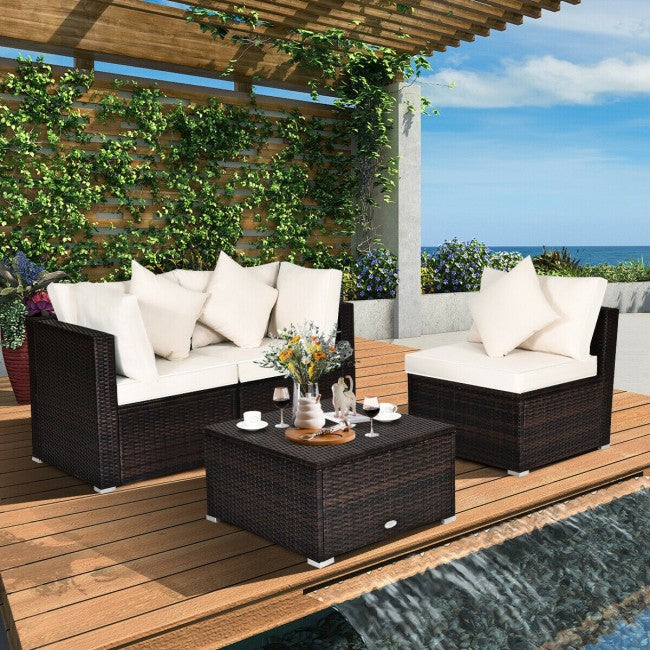 4 Pieces Cushioned Patio Rattan Furniture Set, Sectional Conversation Set with Ottoman