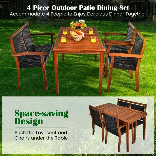 4 Pieces Outdoor Patio Acacia Wood Dining Table Set Loveseat with Stackable Chairs