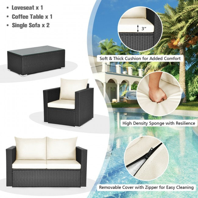 4 Pieces Outdoor Rattan Furniture Set Patio Wicker Conversation Sectional Sofa Set with Padded Cushion and Coffee Table