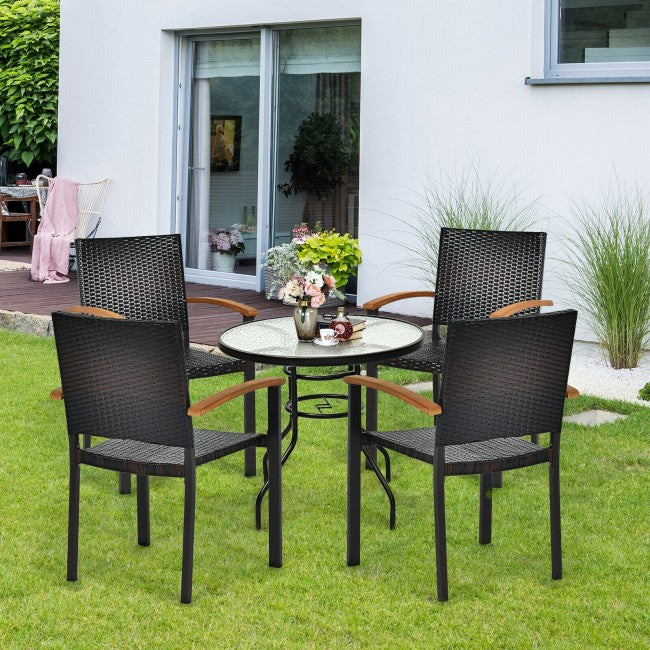 4 Pieces Outdoor Stackable Rattan Chair Patio All-Weather PE Wicker Dining Armchair with Acacia-Topped Armrests