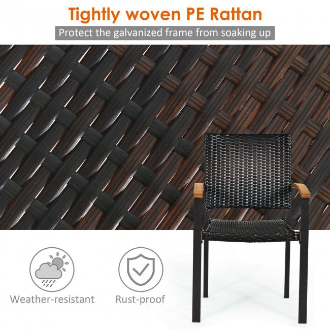 4 Pieces Outdoor Stackable Rattan Chair Patio All-Weather PE Wicker Dining Armchair with Acacia-Topped Armrests