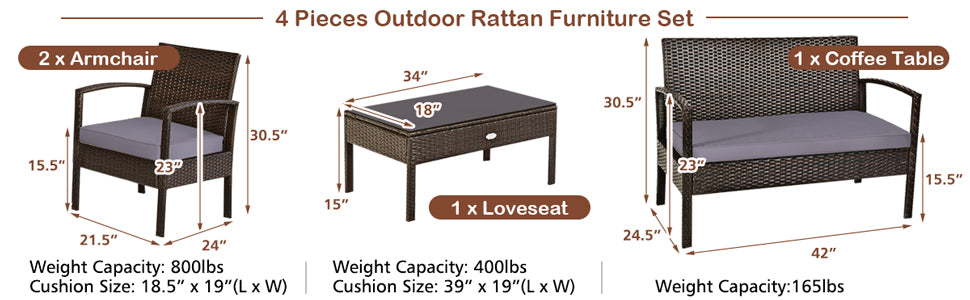 4 Pieces Patio Rattan Furniture Set Outdoor Loveseat with Tempered Glass Top and Cushion