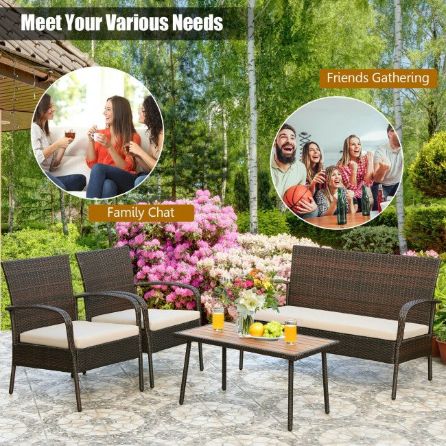 4 Pieces Patio Rattan Furniture Set Outdoor Wicker Conversation Loveseat Set with Soft Cushion