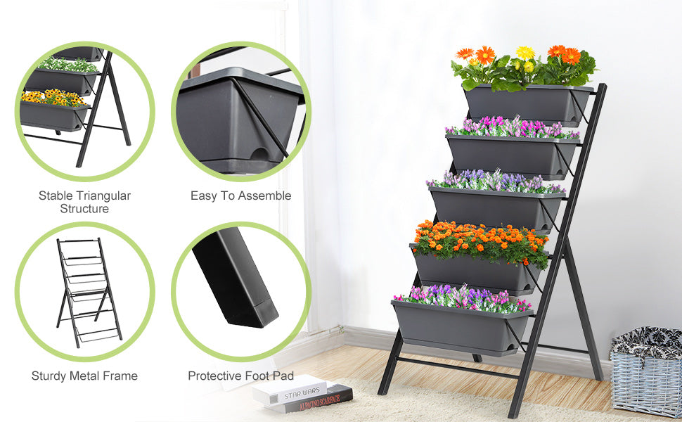 4Ft Vertical Raised Garden Bed 5 Tier Freestanding Elevated Planter Container Boxes with Water Drainage for Patio Balcony