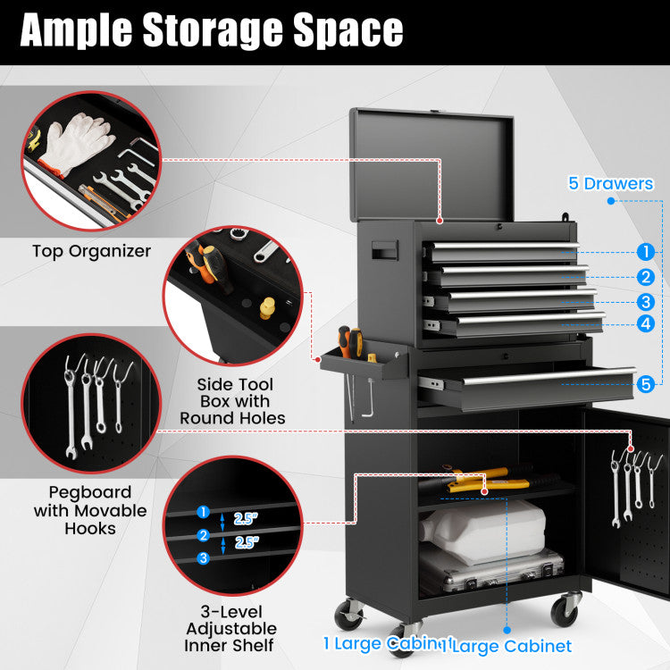 5-Drawer-Rolling-Tool-Box 2-in-1-Lockable-Tool-Chest-Storage-Cabinet-with-Universal-Wheels-and-Trays-for-Garage-Workshop