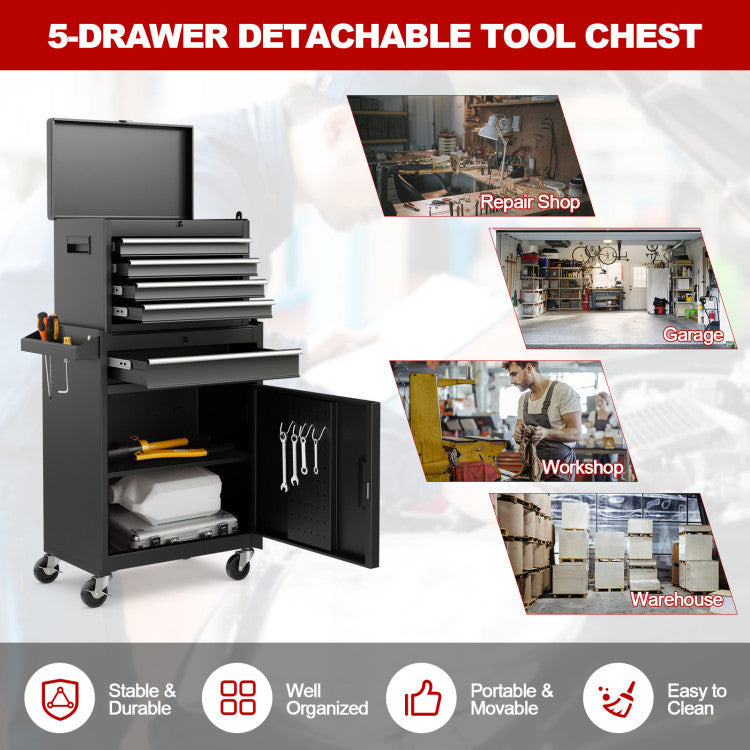 5-Drawer-Rolling-Tool-Box 2-in-1-Lockable-Tool-Chest-Storage-Cabinet-with-Universal-Wheels-and-Trays-for-Garage-Workshop