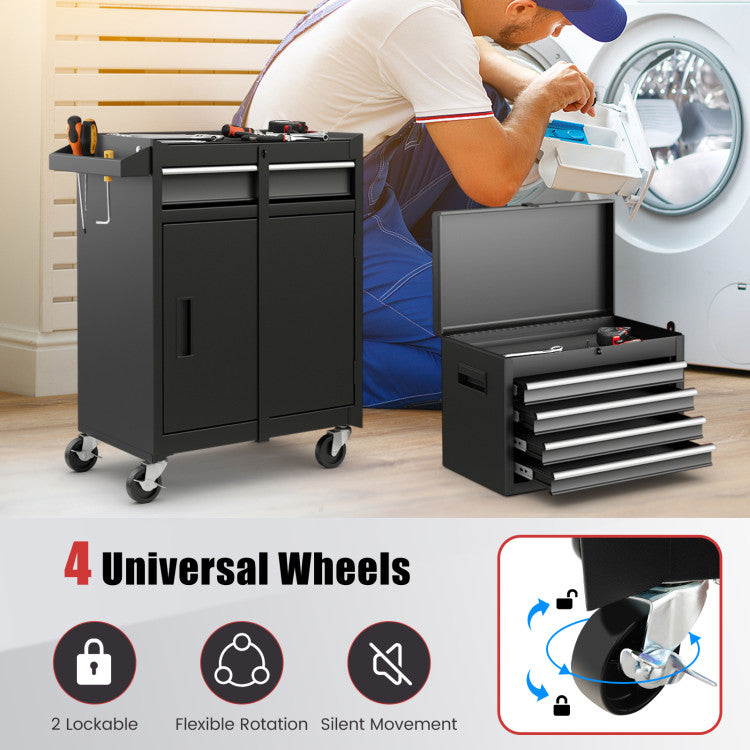 5-Drawer-Rolling-Tool-Box 2-in-1-Lockable-Tool-Chest-Storage-Cabinet-with-Universal-Wheels-and-Trays-for-Garage-Workshop