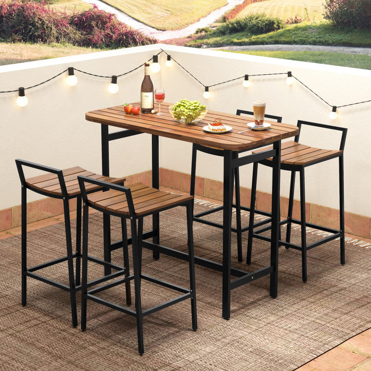 5-Piece-Outdoor-Acacia-Wood-Bar-Height-Table-Set-Patio-Furniture-Bistro-Set-with-Adjustable-Foot-Pads-and-Footrest