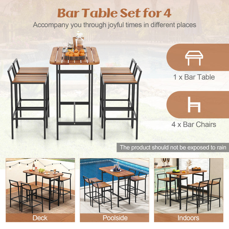 5-Piece-Outdoor-Acacia-Wood-Bar-Height-Table-Set-Patio-Furniture-Bistro-Set-with-Adjustable-Foot-Pads-and-Footrest