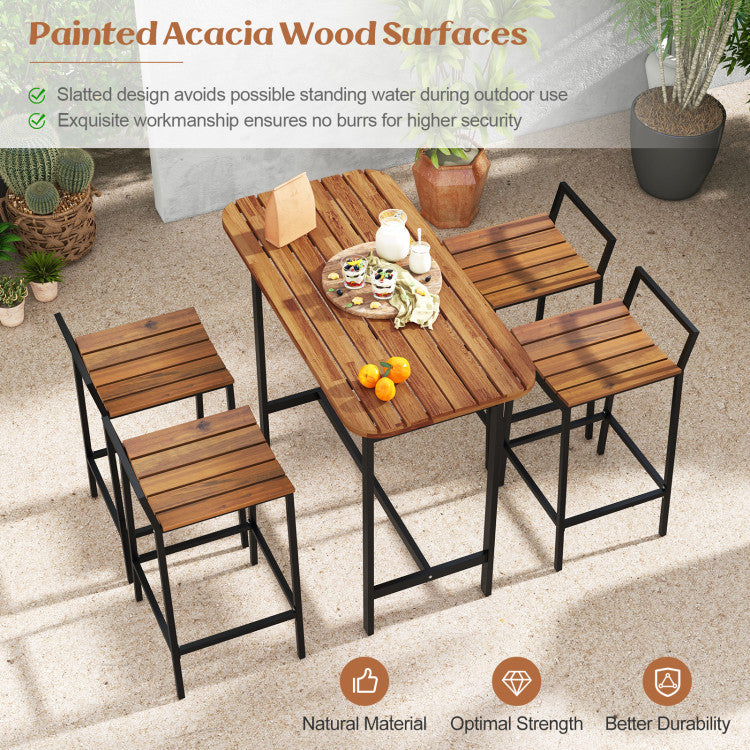 5-Piece-Outdoor-Acacia-Wood-Bar-Height-Table-Set-Patio-Furniture-Bistro-Set-with-Adjustable-Foot-Pads-and-Footrest