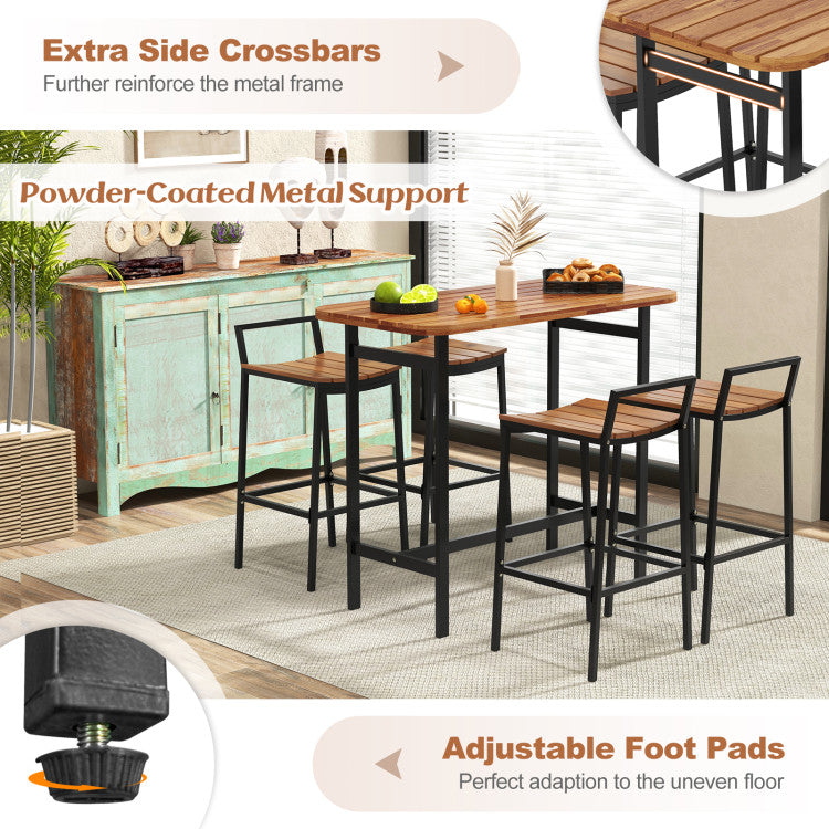 5-Piece-Outdoor-Acacia-Wood-Bar-Height-Table-Set-Patio-Furniture-Bistro-Set-with-Adjustable-Foot-Pads-and-Footrest