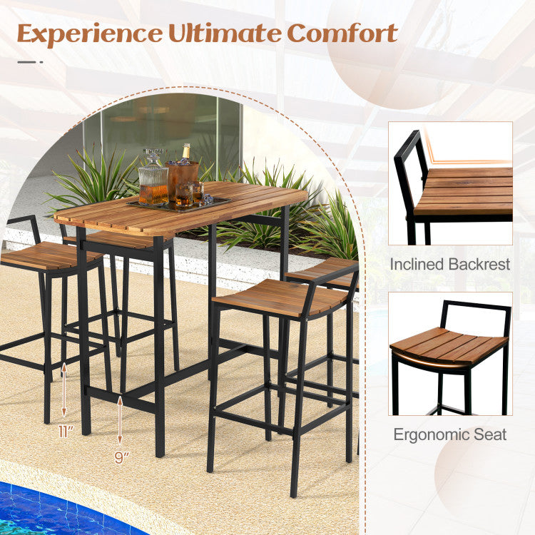 5-Piece-Outdoor-Acacia-Wood-Bar-Height-Table-Set-Patio-Furniture-Bistro-Set-with-Adjustable-Foot-Pads-and-Footrest