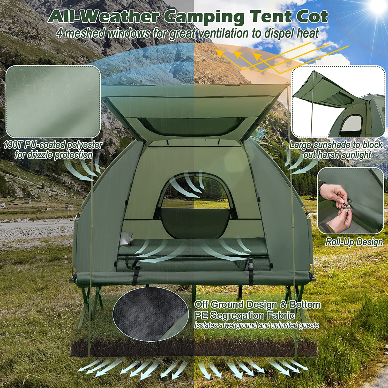 5-in-1 Tent Cot Portable 2-Person Camping Tent Combo with Awning Air Mattress Sleeping Bag for Hiking Picnic