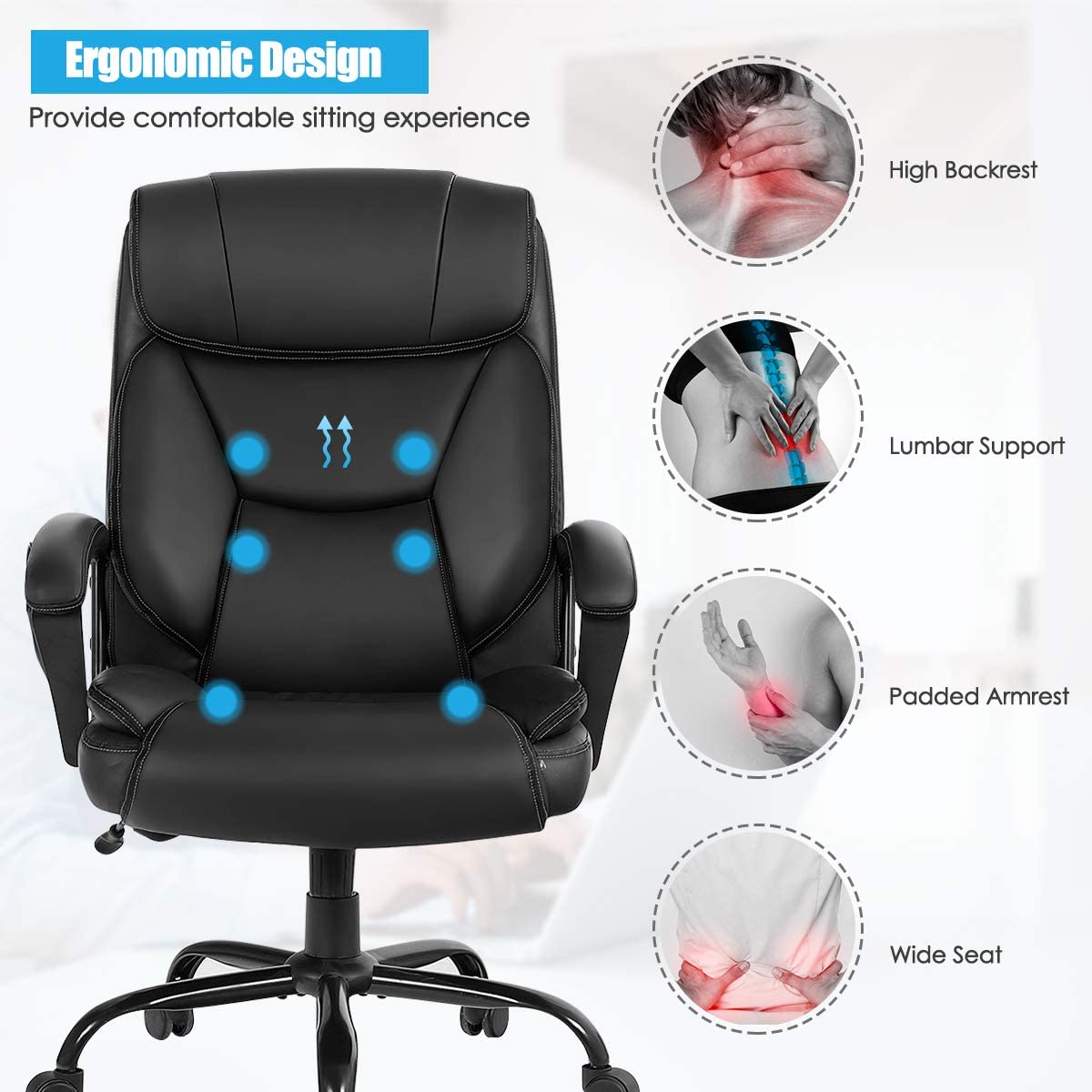 500 lbs Big and Tall Office Chair Massage Executive Chair with Wide Seat and Padded Armrest